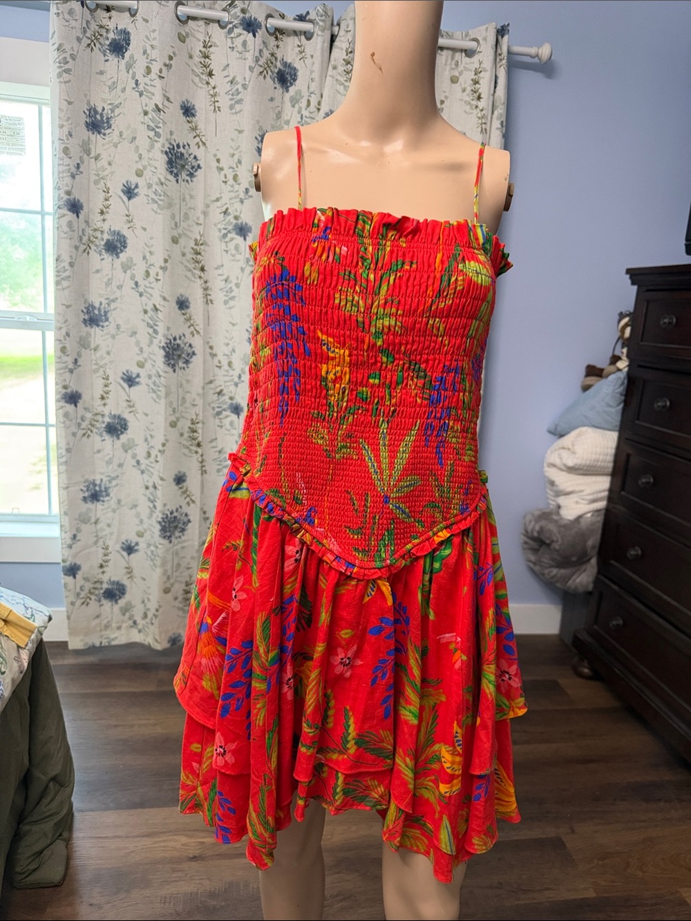 Chelsea & Violet Red Tropical Floral Smocked Mini Dress with Spaghetti Straps
